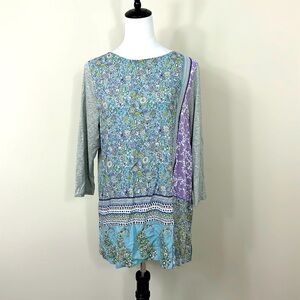 J.Jill Mixed Floral Print 3/4 Sleeve Top Blouse Medium Gray Purple Rayon size L